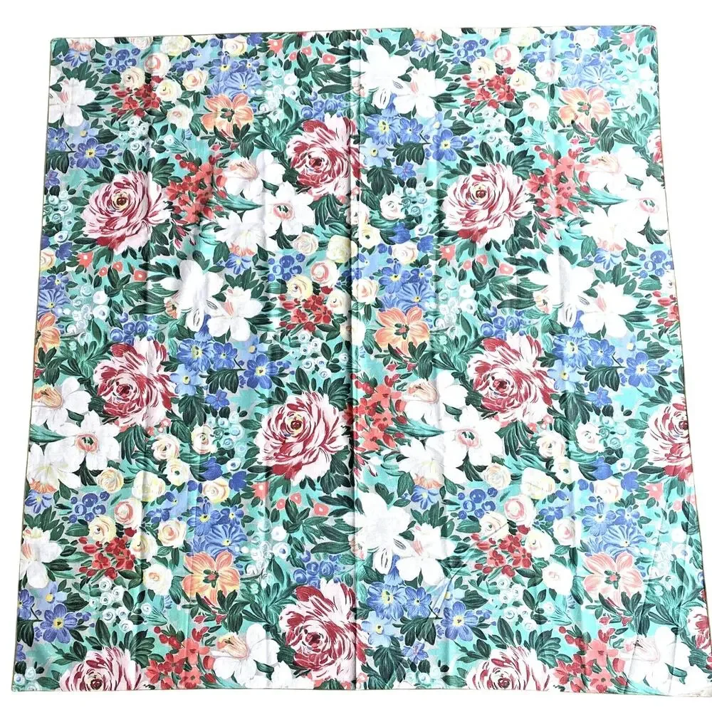 Vintage 1980s tablecloth floral motif green blue pink peach cottage farmhouse
